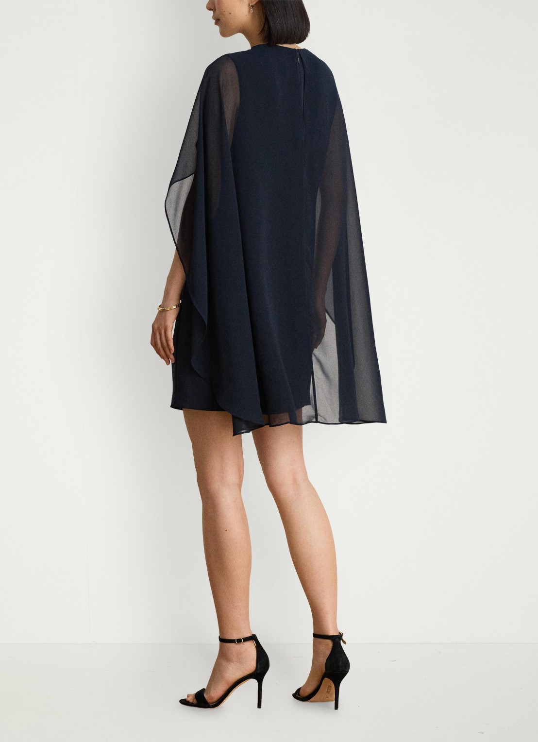 Ralph Lauren Semi-transparante mini jurk met cape - achterkant 3 lauren navy / blauw