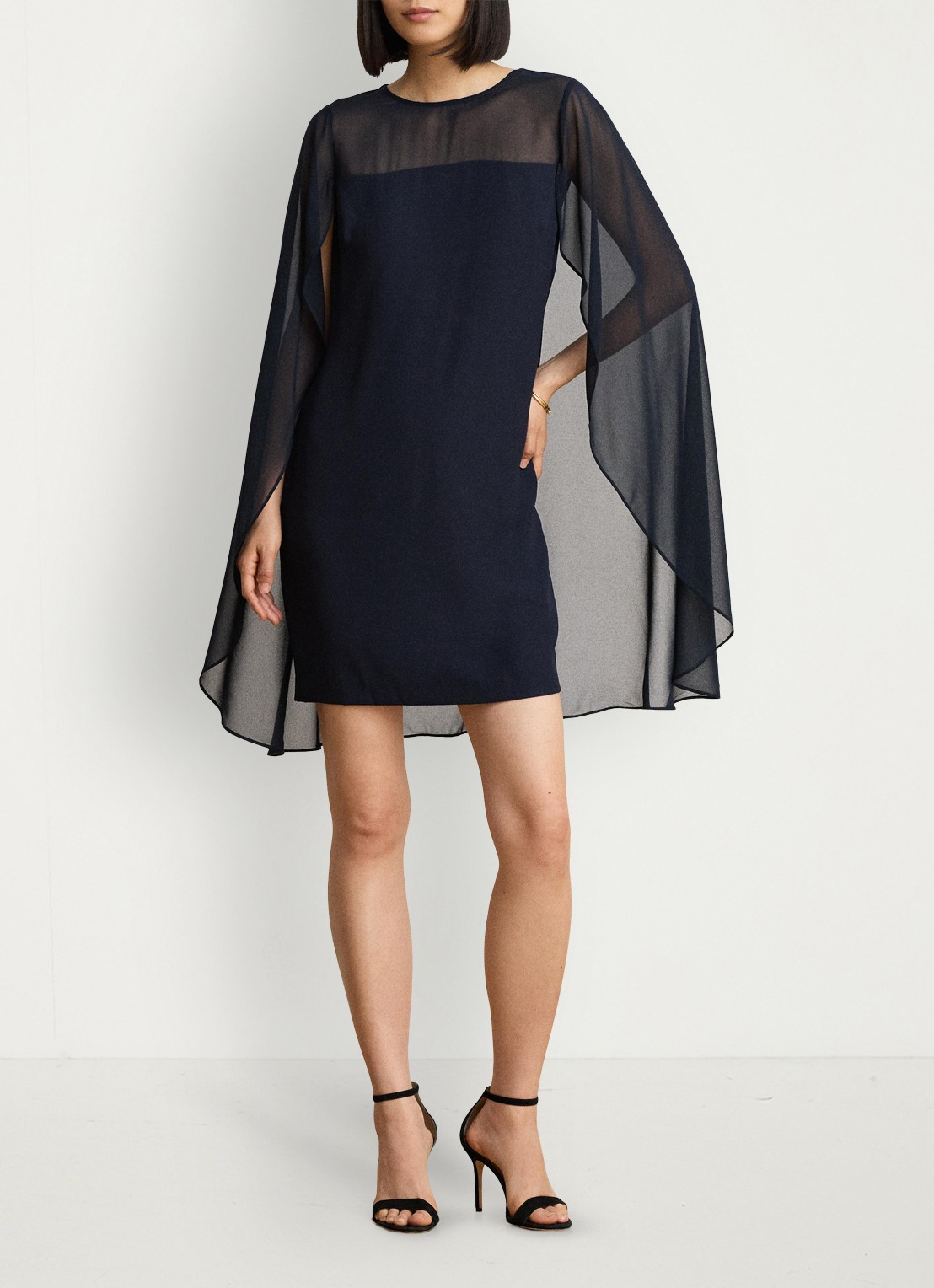 Ralph Lauren Semi-transparante mini jurk met cape - voorkant 5 lauren navy / blauw