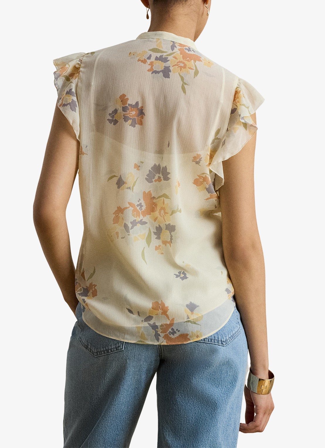 Ralph Lauren Semi-transparante top met bloemen en ruches - achterkant 3 cream multi 2wmn / creme