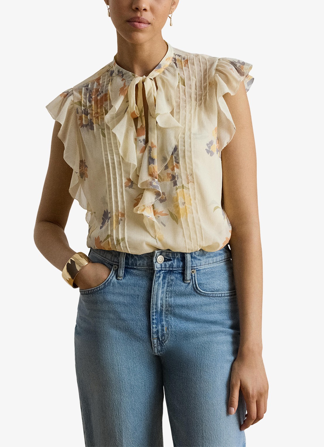 Ralph Lauren Semi-transparante top met bloemen en ruches - detail cream multi 2wmn / creme