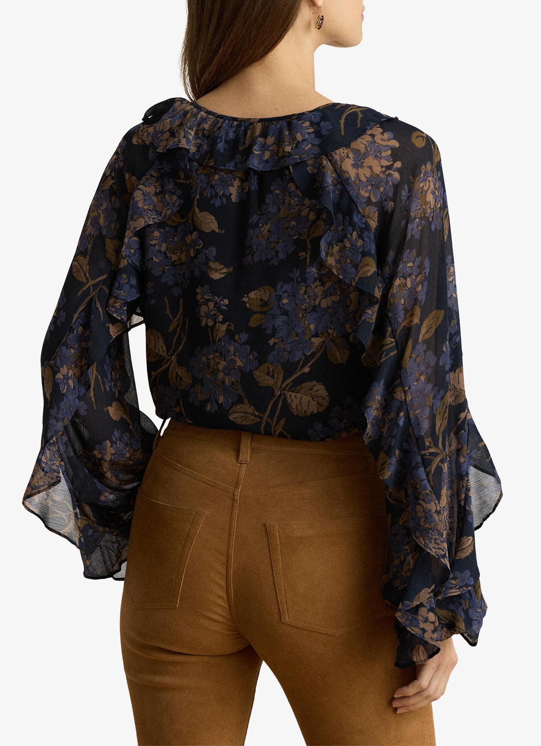 Ralph Lauren Semi-transparante tuniek met bloemenprint en ruches - achterkant navy multi / blauw