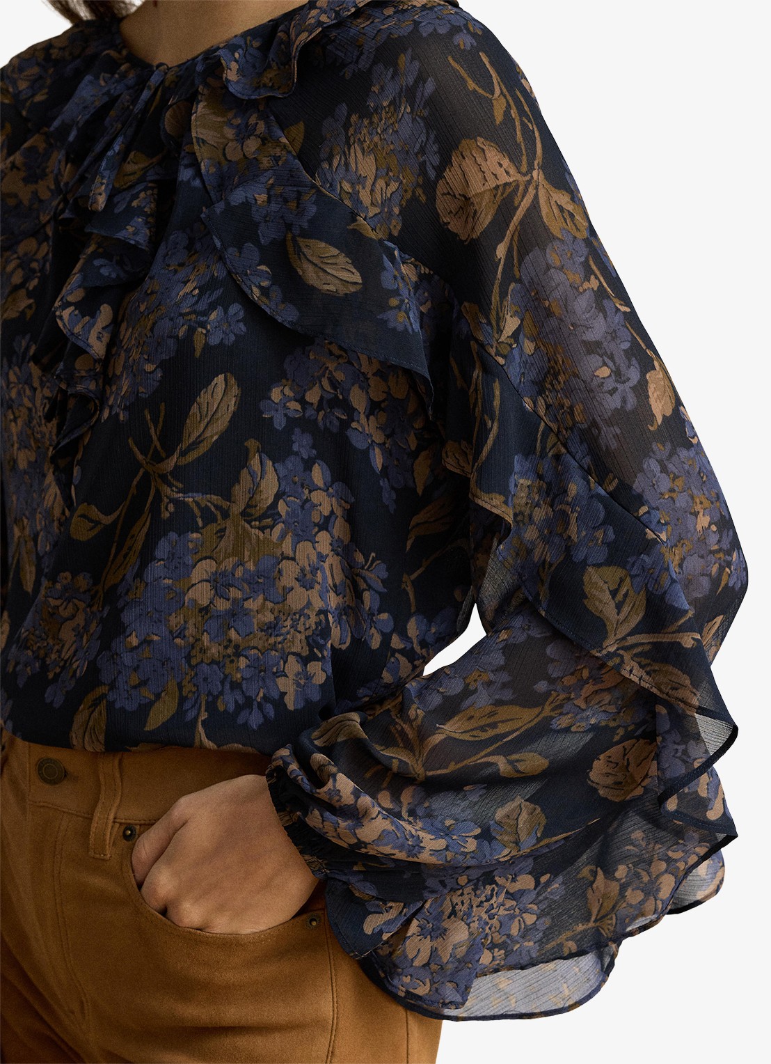 Ralph Lauren Semi-transparante tuniek met bloemenprint en ruches - detail 5 navy multi / blauw