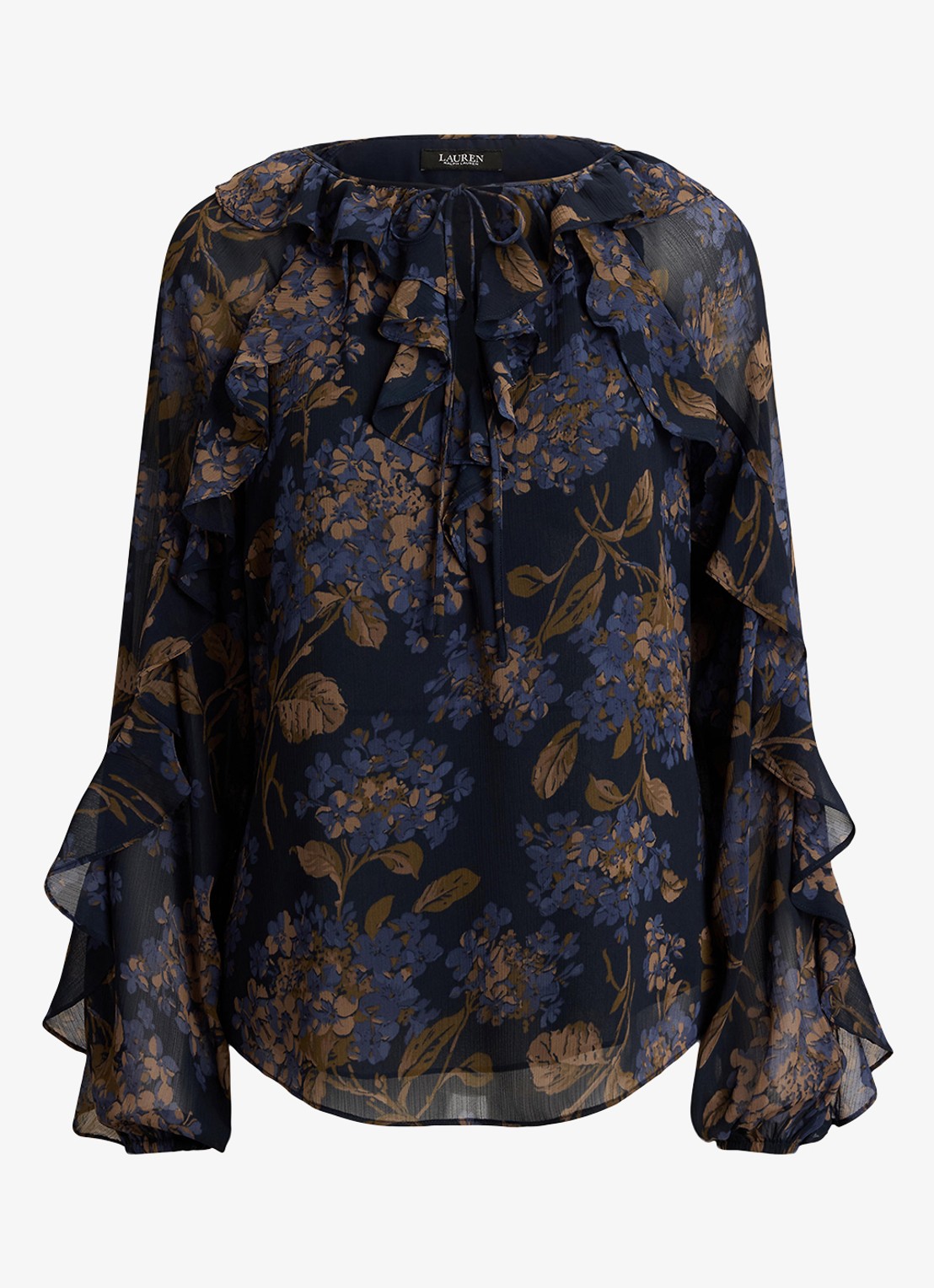 Ralph Lauren Semi-transparante tuniek met bloemenprint en ruches - voorkant 2 navy multi / blauw