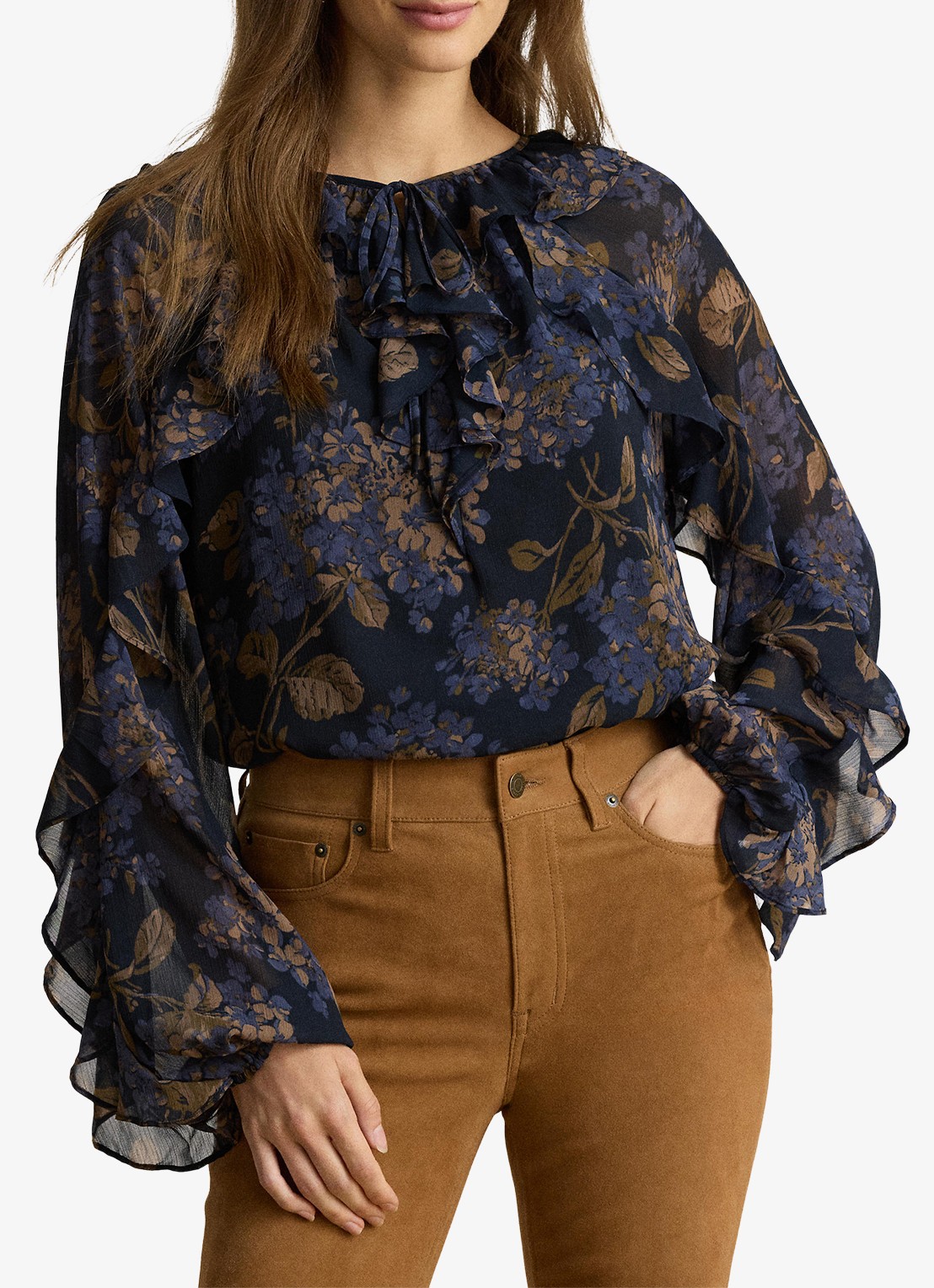 Ralph Lauren Semi-transparante tuniek met bloemenprint en ruches - voorkant 3 navy multi / blauw