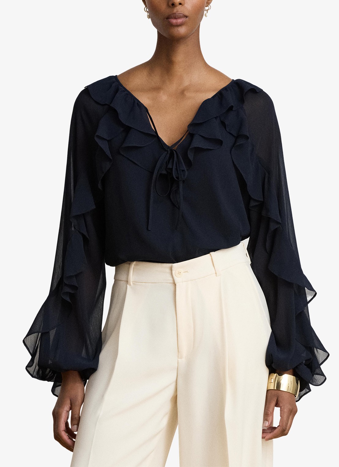 Ralph Lauren Semi-transparante tuniek met ruches - voorkant 2 lauren navy / blauw
