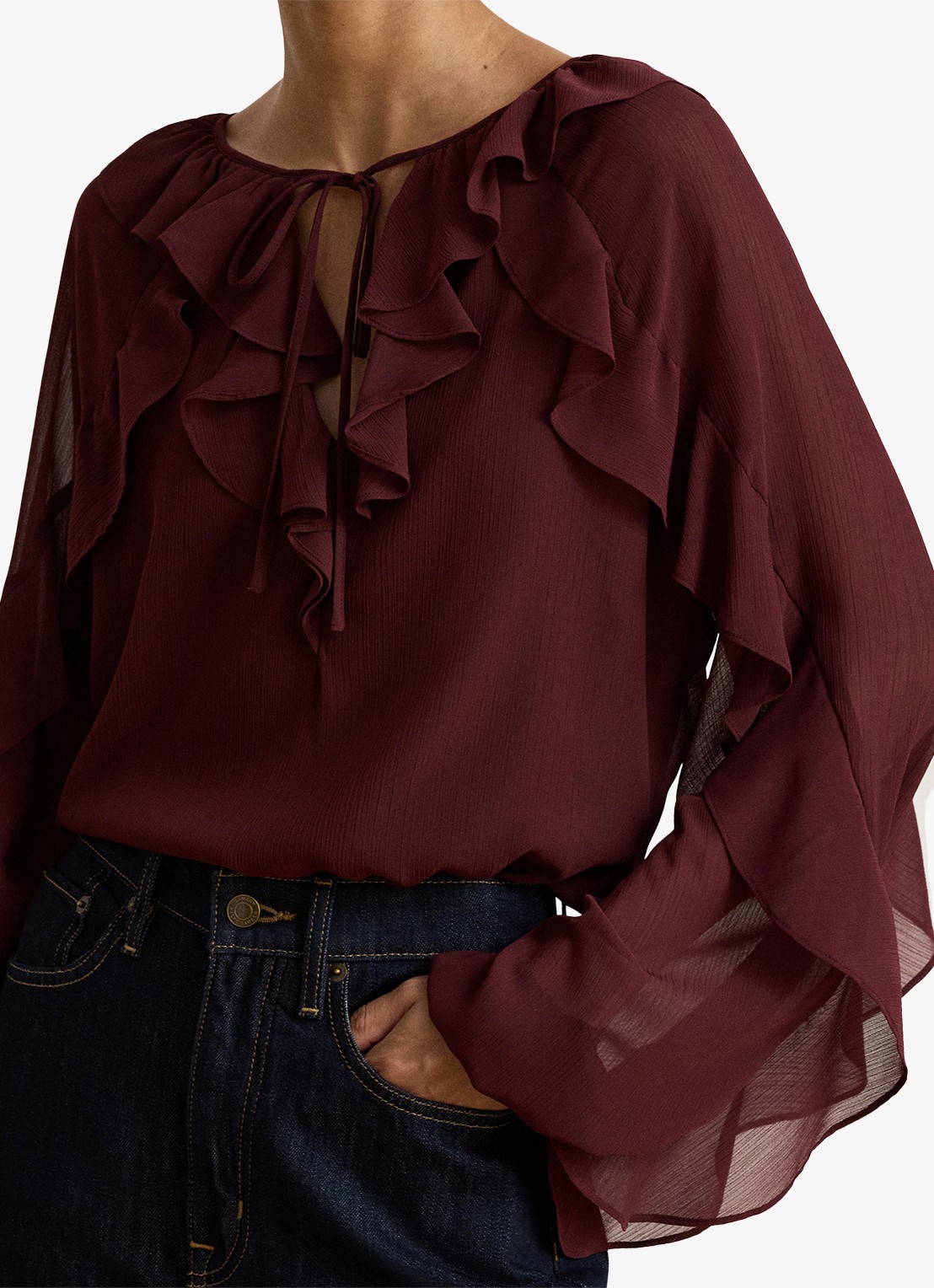 Ralph Lauren Semi-transparante tuniek met ruches - detail 5 dark garnet / bordeauxrood
