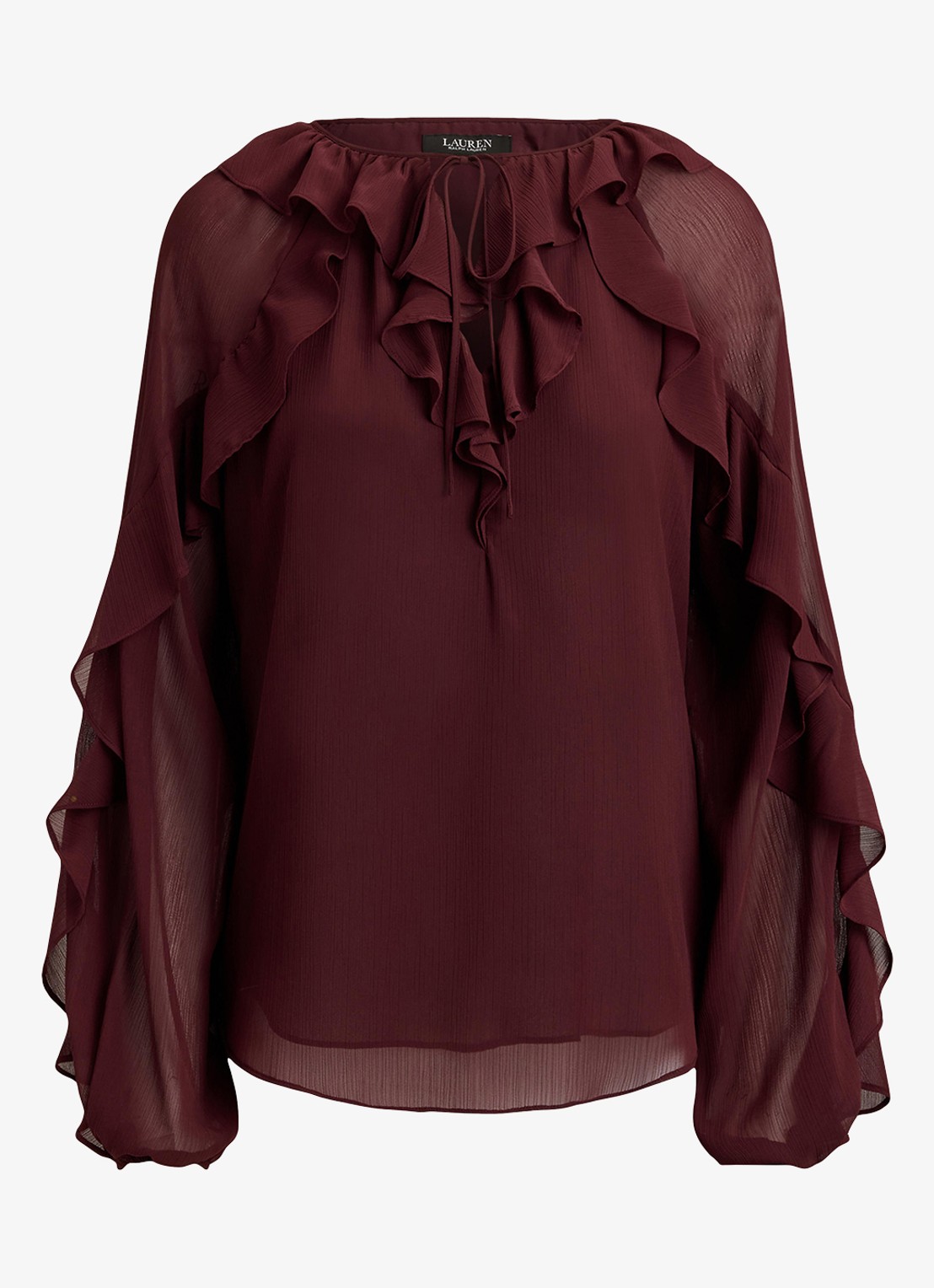 Ralph Lauren Semi-transparante tuniek met ruches - voorkant dark garnet / bordeauxrood