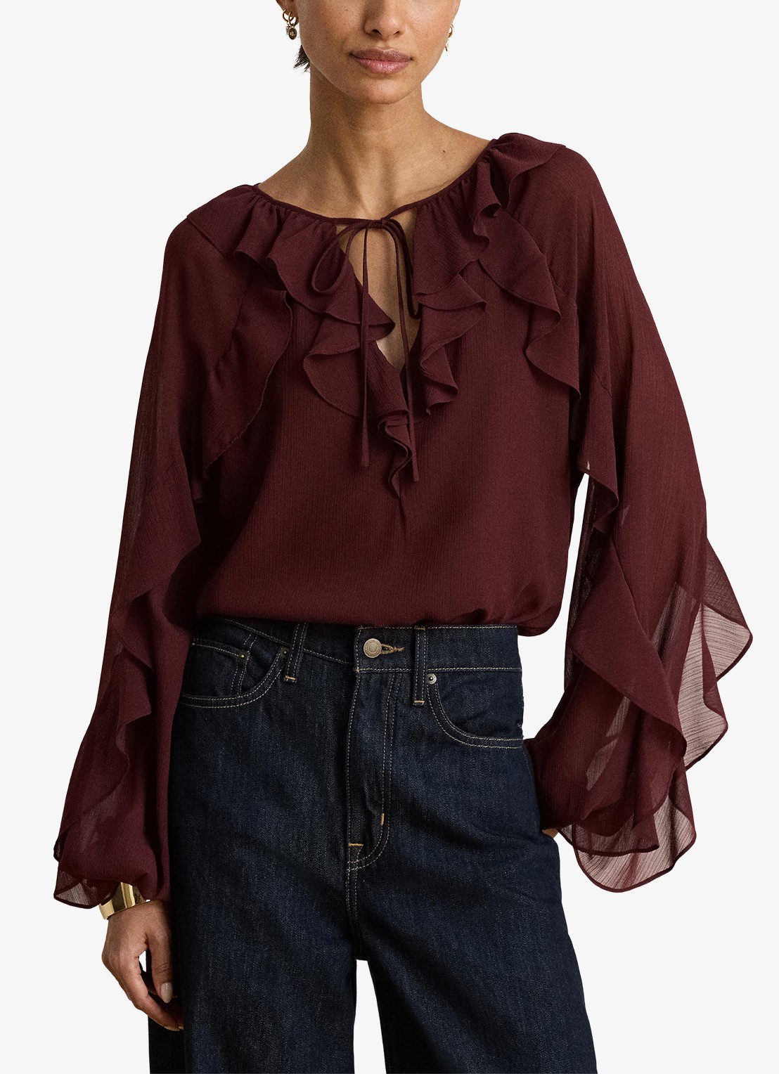 Ralph Lauren Semi-transparante tuniek met ruches - voorkant 2 dark garnet / bordeauxrood
