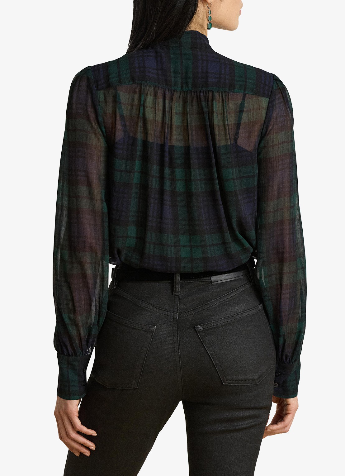 Ralph Lauren Semi-transparante tuniek met ruitdessin en sjaalkraag - achterkant 5 navy/green/black / blauw/groen/zwart