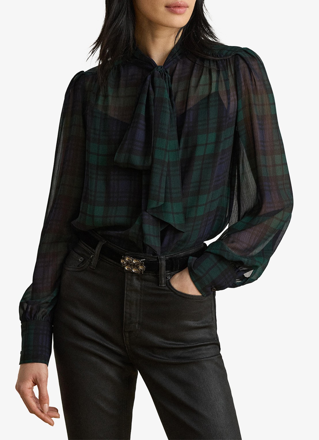 Ralph Lauren Semi-transparante tuniek met ruitdessin en sjaalkraag - detail 3 navy/green/black / blauw/groen/zwart