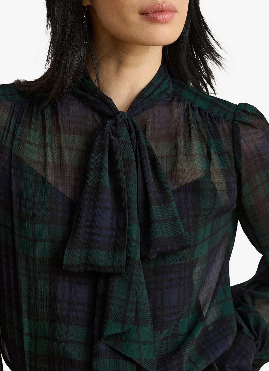 Ralph Lauren Semi-transparante tuniek met ruitdessin en sjaalkraag - detail 4 navy/green/black / blauw/groen/zwart