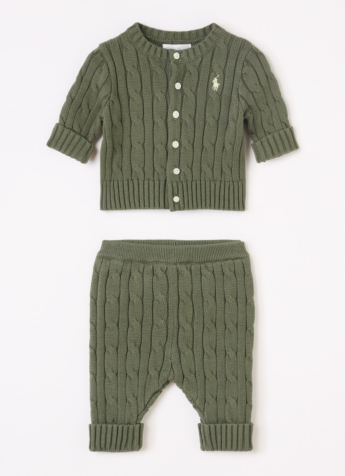 Ralph Lauren Set van kabelgebreid vest met broek 2-delig - voorkant olijfgroen