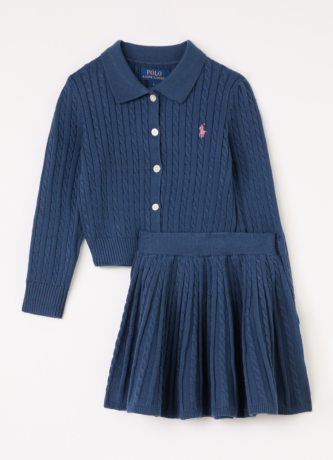 Ralph Lauren Set van kabelgebreid vest met rok 2-delig - voorkant donkerblauw
