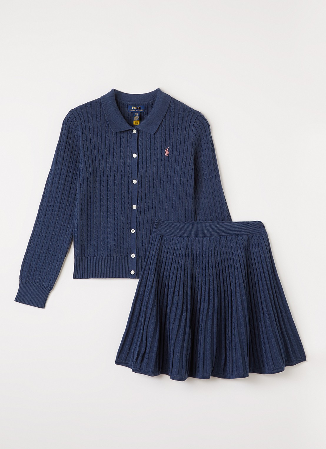 Ralph Lauren Set van kabelgebreid vest met rok 2-delig - voorkant 3 donkerblauw