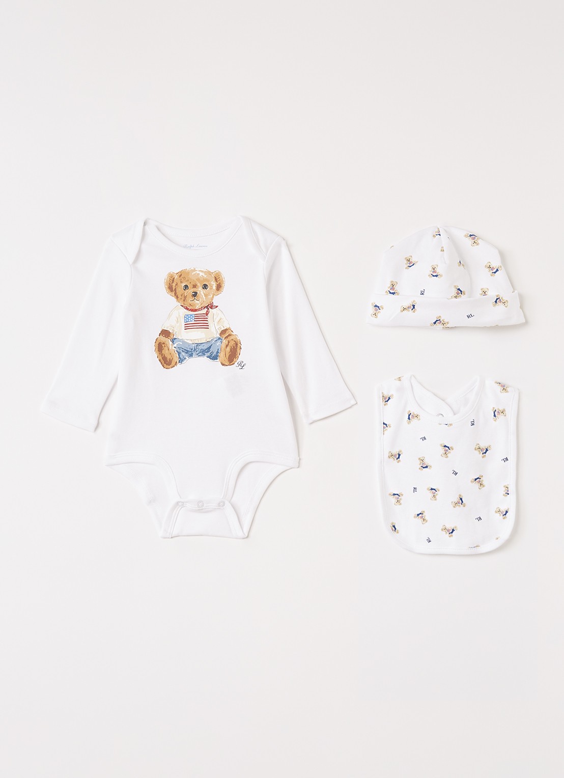 Ralph Lauren Set van romper met muts en slab in giftbox 3-delig - voorkant 2 wit