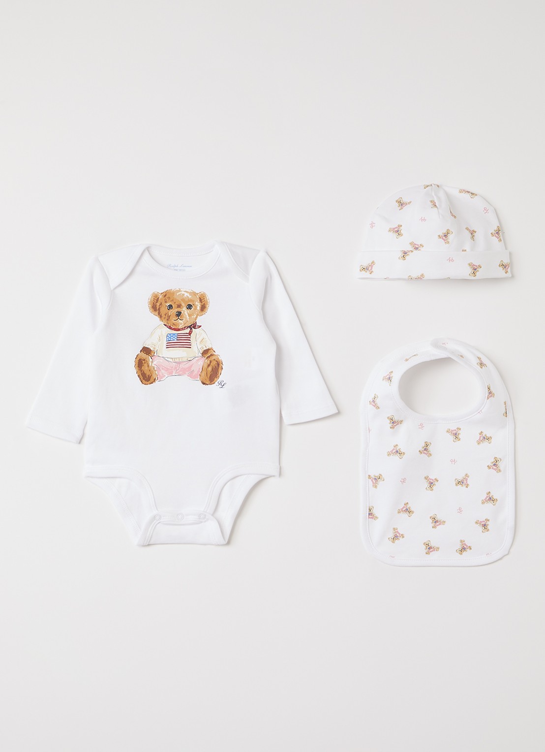 Ralph Lauren Set van romper met muts en slab in giftbox 3-delig - voorkant wit