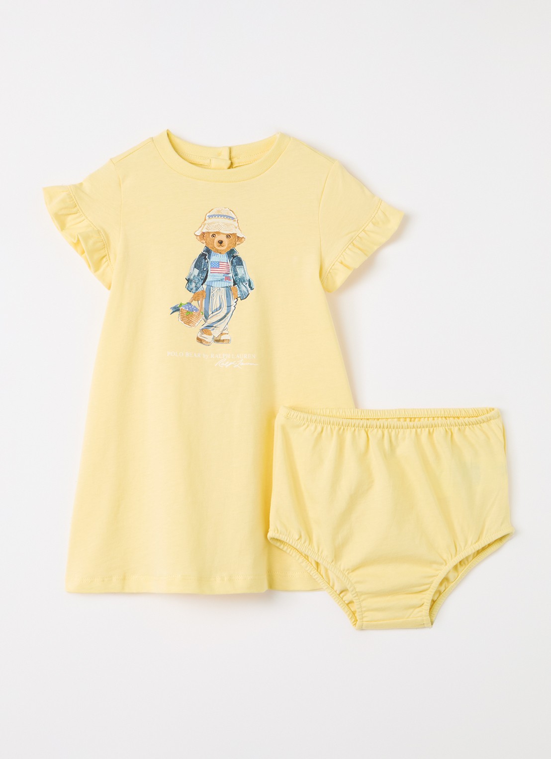 Ralph Lauren Set van T-shirt jurk met bloomer 2-delig - voorkant lichtgeel