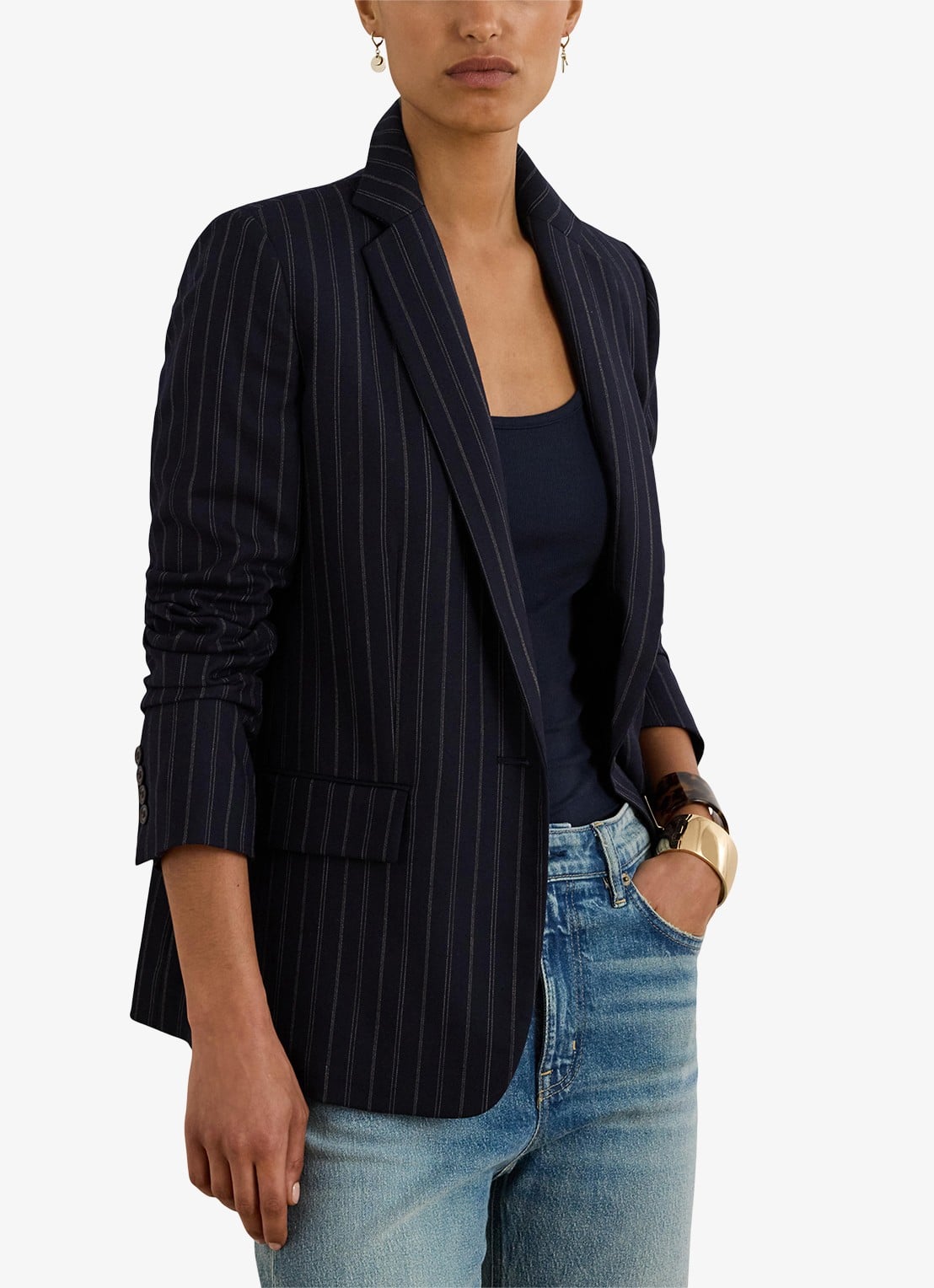 Ralph Lauren Single-breasted blazer in wolblend met streepprint en klepzakken - detail 3 donkerblauw