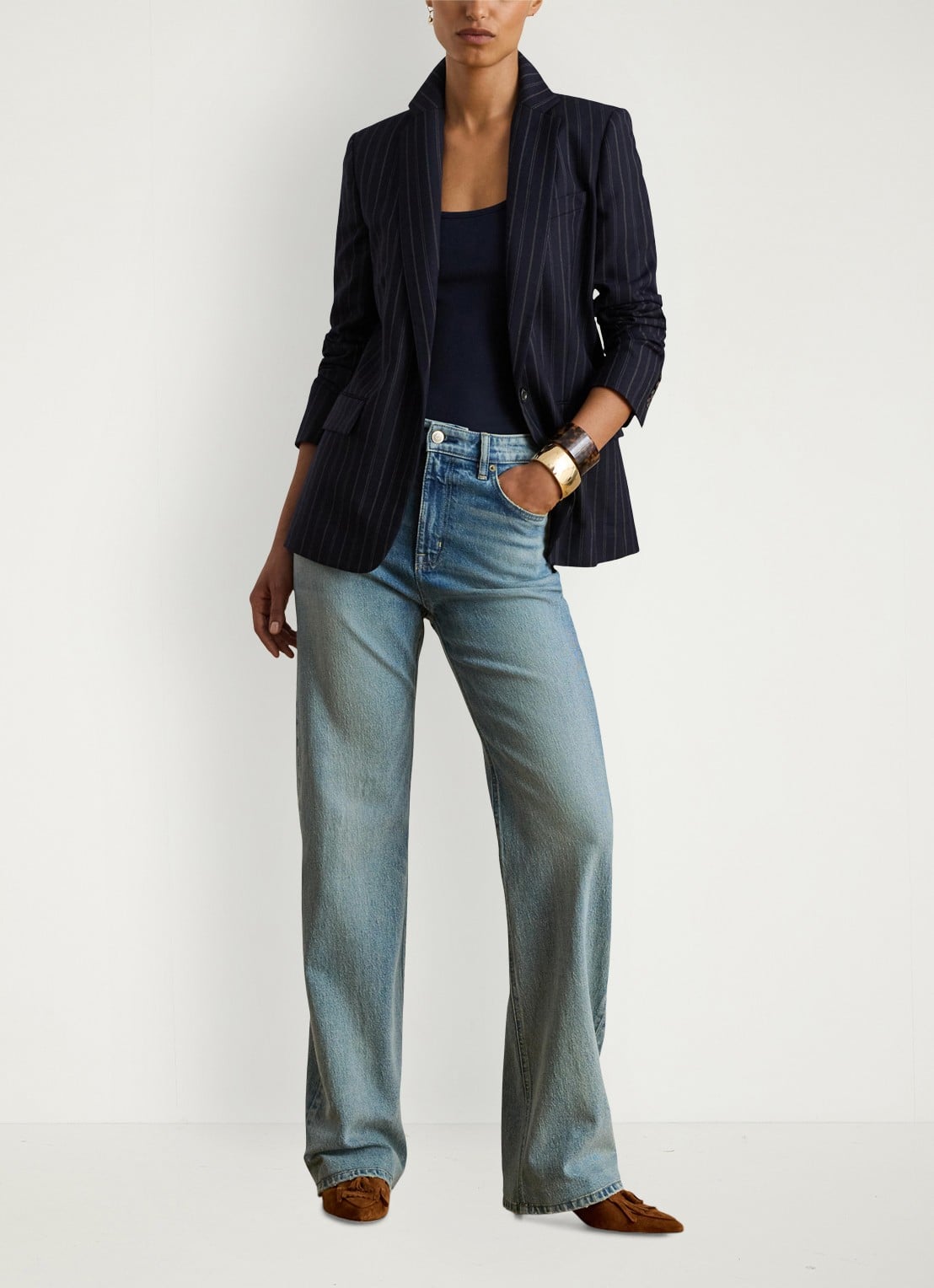 Ralph Lauren Single-breasted blazer in wolblend met streepprint en klepzakken - voorkant 2 donkerblauw