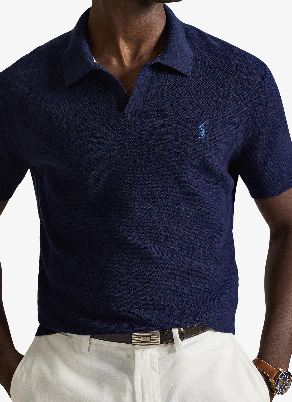 Ralph Lauren Slim fit fijngebreide polo in linnenblend - detail 3 bright navy/deckwash wht-zynp