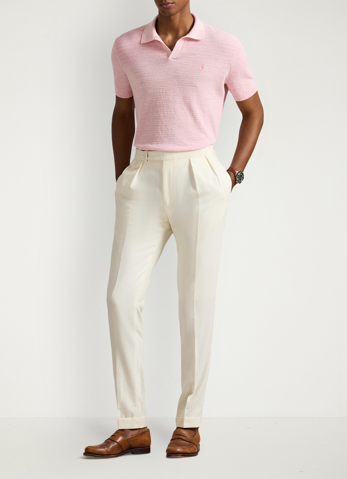 Ralph Lauren Slim fit fijngebreide polo in linnenblend - voorkant 3 carmel pink/deckwash white-4532