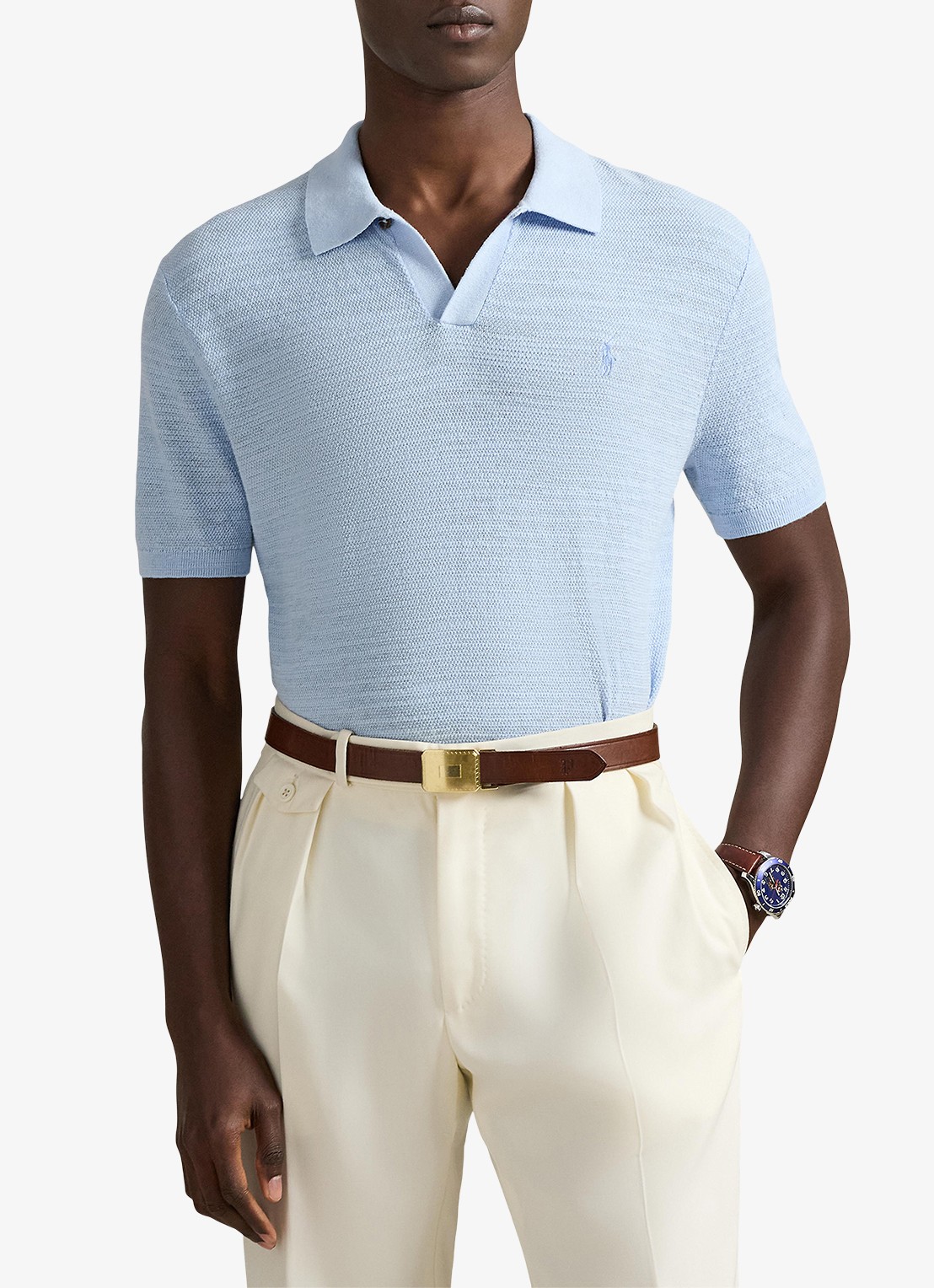 Ralph Lauren Slim fit fijngebreide polo in linnenblend - detail office blue/deckwash white-3rvv