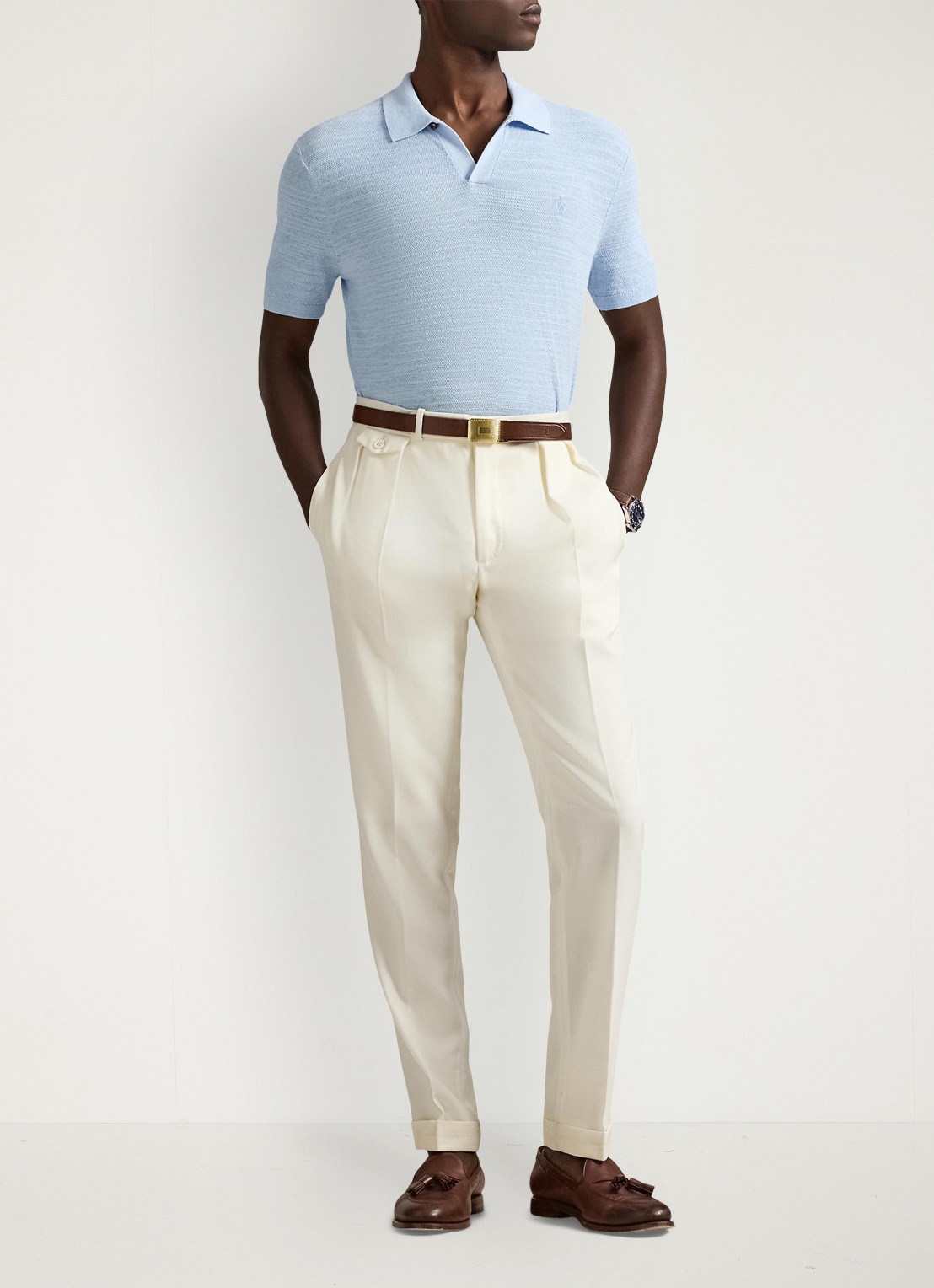 Ralph Lauren Slim fit fijngebreide polo in linnenblend - voorkant 5 office blue/deckwash white-3rvv