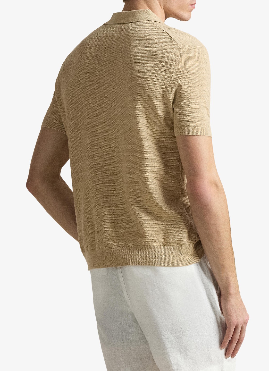 Ralph Lauren Slim fit fijngebreide polo in linnenblend - achterkant 5 dune tan/deckwash white-zynq