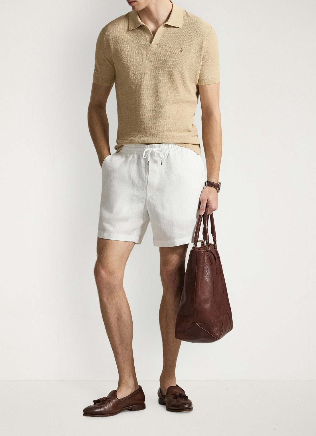 Ralph Lauren Slim fit fijngebreide polo in linnenblend - detail dune tan/deckwash white-zynq
