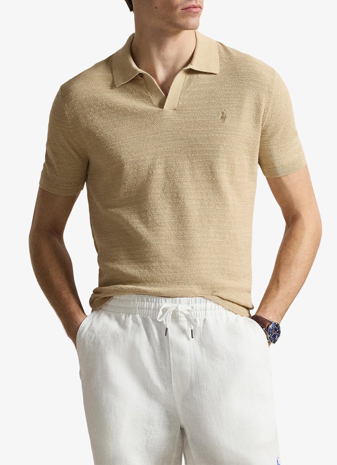 Ralph Lauren Slim fit fijngebreide polo in linnenblend - voorkant 4 dune tan/deckwash white-zynq