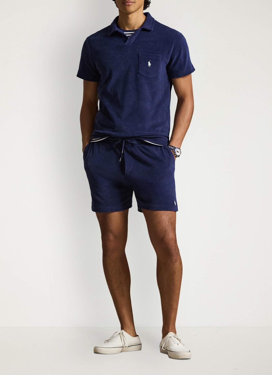 Ralph Lauren Slim fit korte broek van badstof met trekkoord - voorkant 3 newport navy / donkerblauw