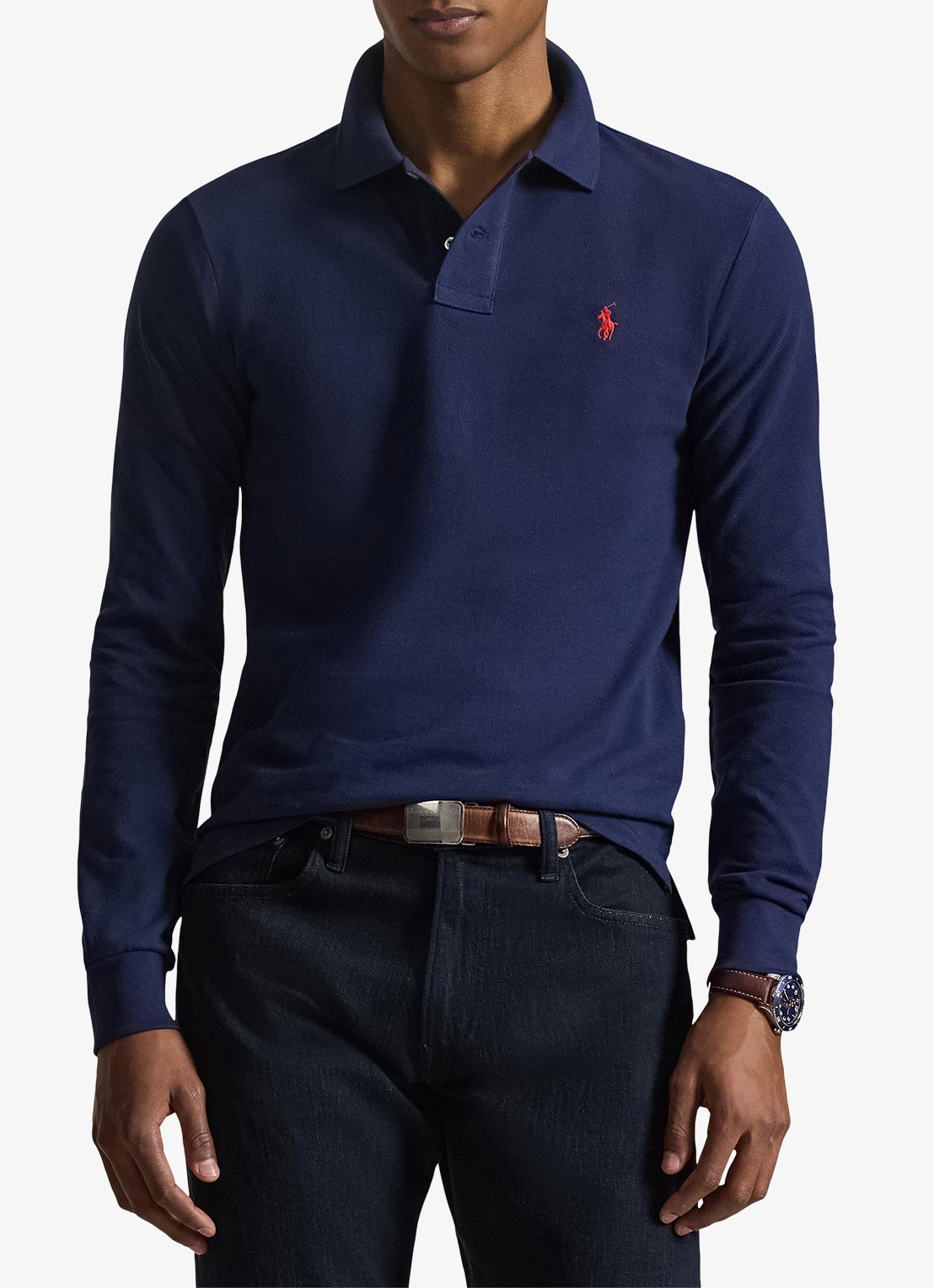 Ralph Lauren Slim fit mesh Polo-shirt met lange mouw - detail 5 newport navy / donkerblauw