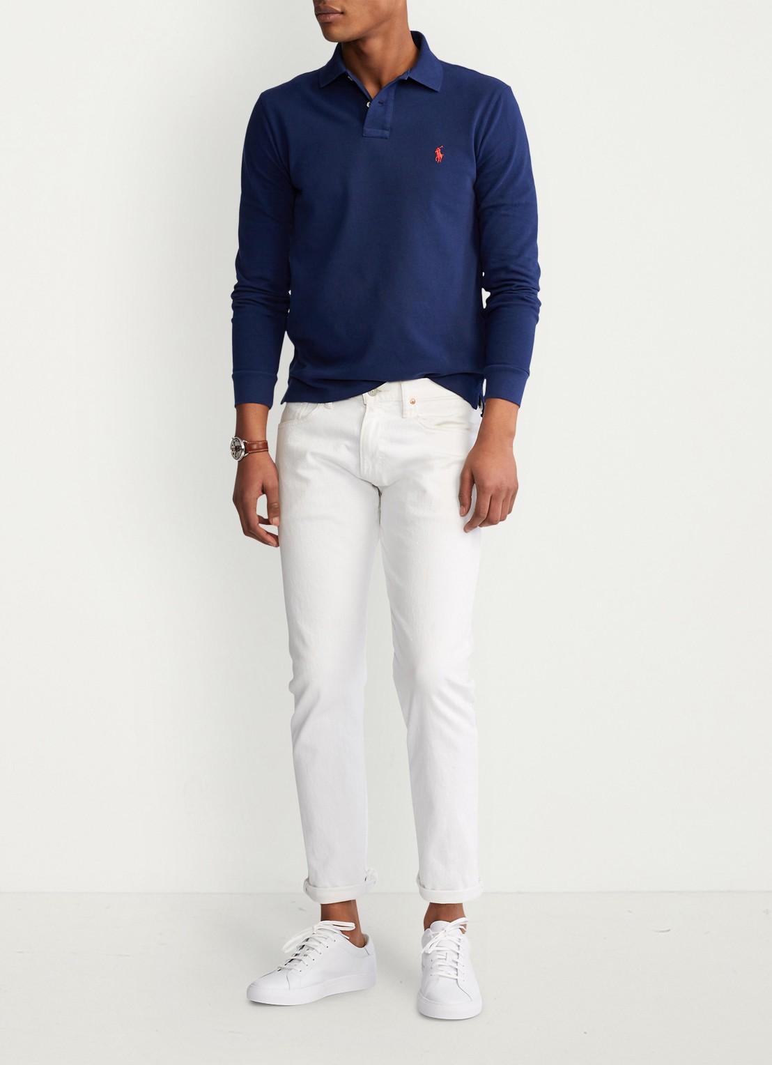 Ralph Lauren Slim fit mesh Polo-shirt met lange mouw - voorkant 2 newport navy / donkerblauw