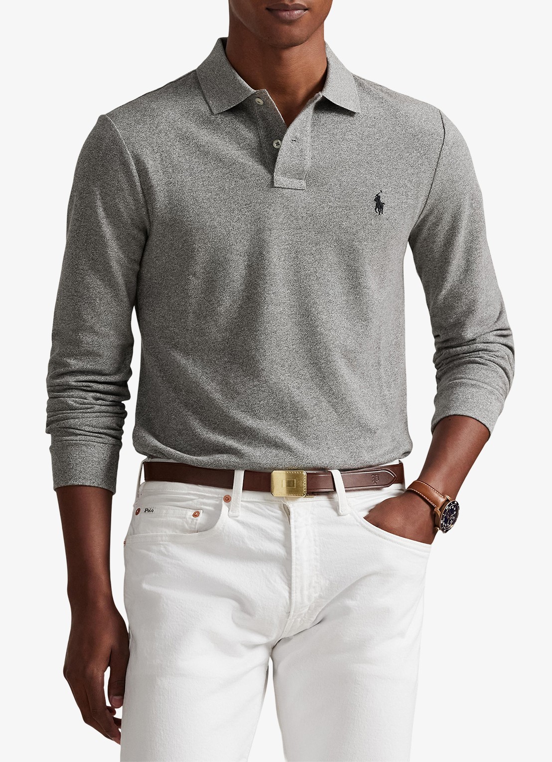 Ralph Lauren Slim fit mesh Polo-shirt met lange mouw - detail 4 canterbury heather / grijs