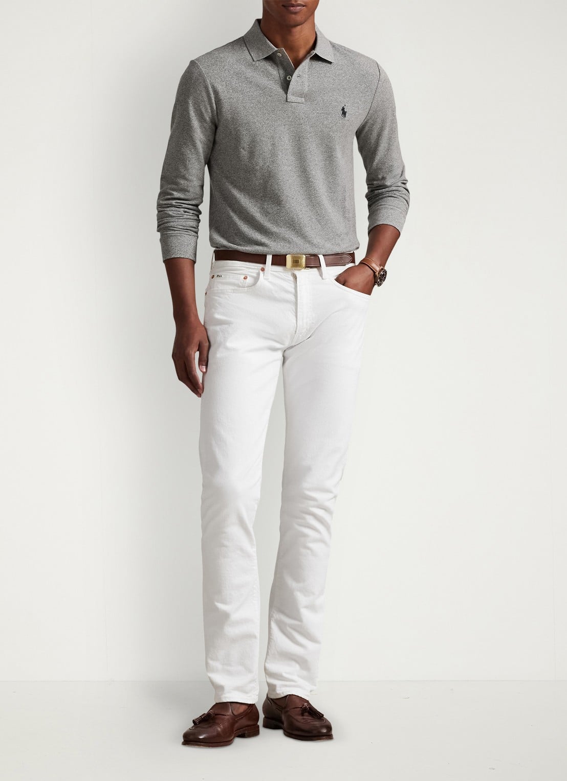 Ralph Lauren Slim fit mesh Polo-shirt met lange mouw - voorkant 2 canterbury heather / grijs