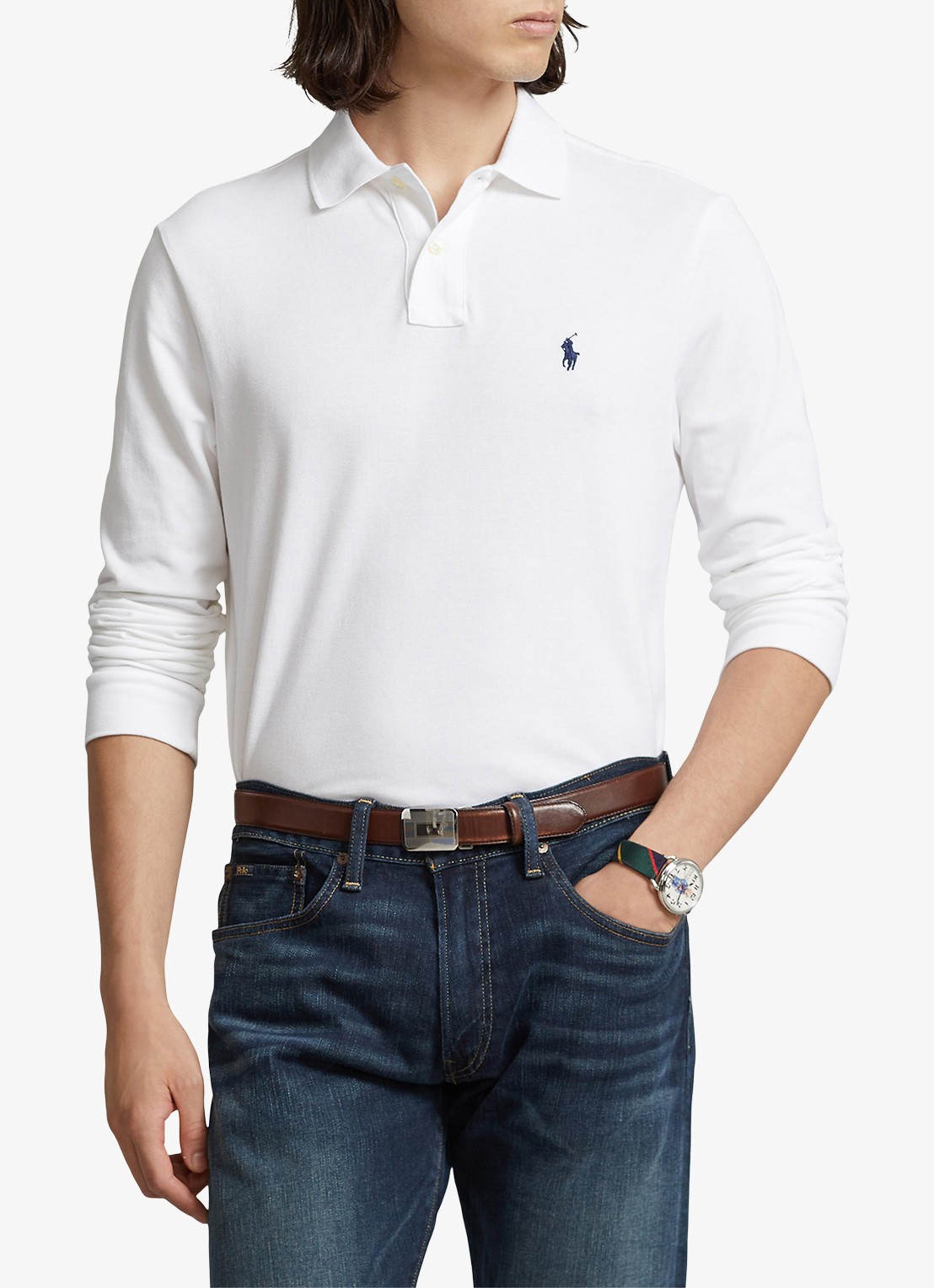 Ralph Lauren Slim fit mesh Polo-shirt met lange mouw - detail 3 white / wit