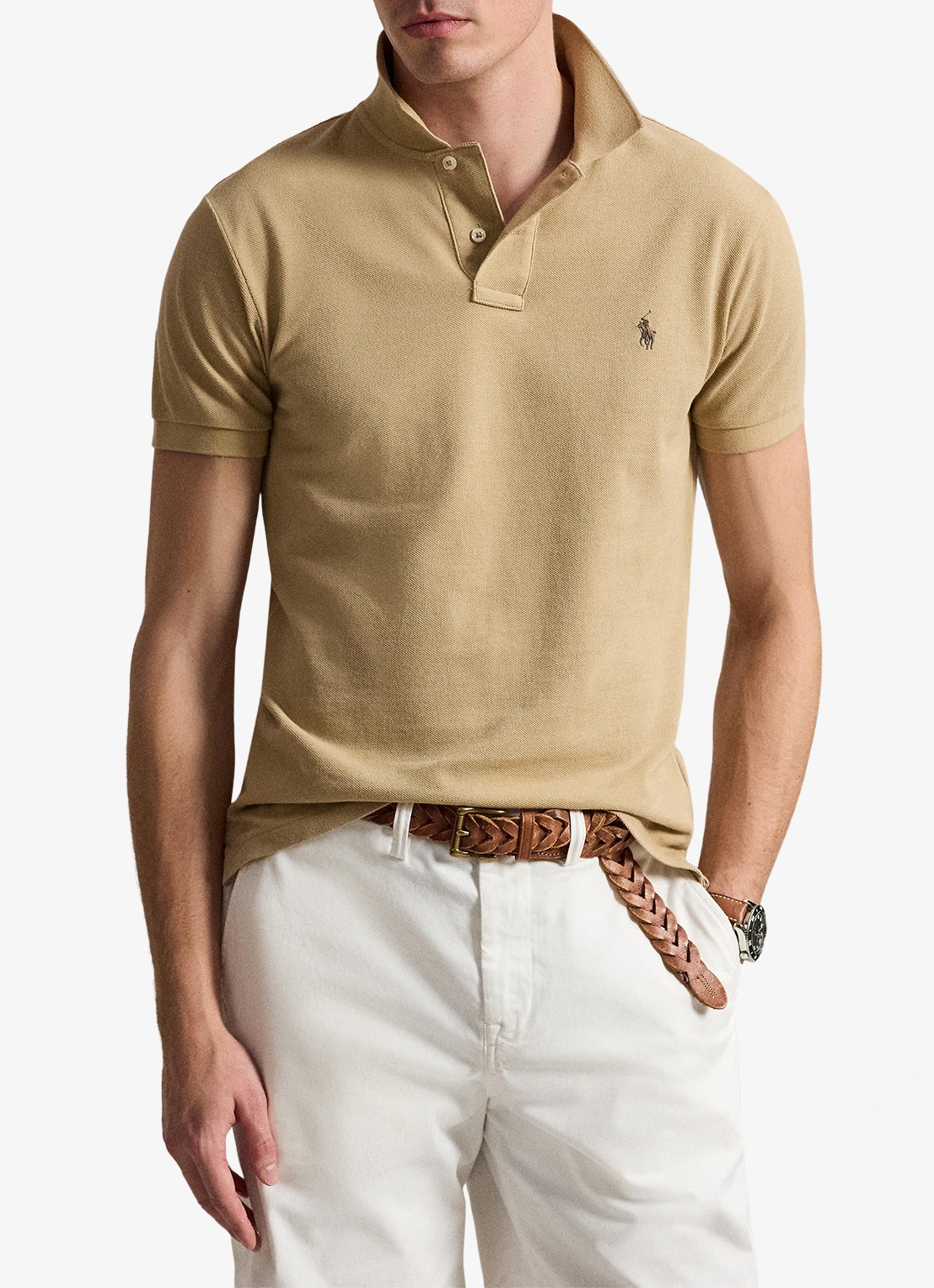 Ralph Lauren Slim fit mesh Polo-shirt - voorkant 5 vintage khaki / khaki