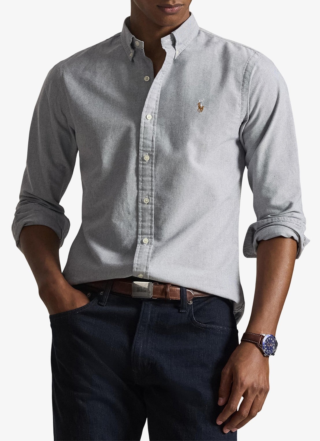 Ralph Lauren Slim fit overhemd met button down kraag - detail 4 donkerblauw