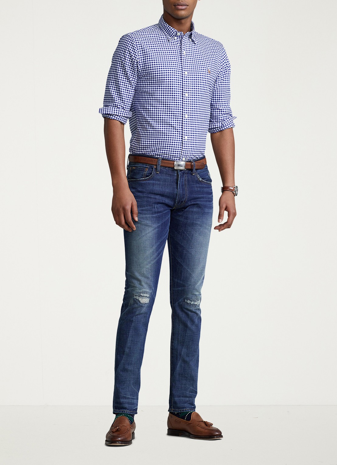 Ralph Lauren Slim fit overhemd met logoborduring - voorkant 4 plaid / dark blue - blauw