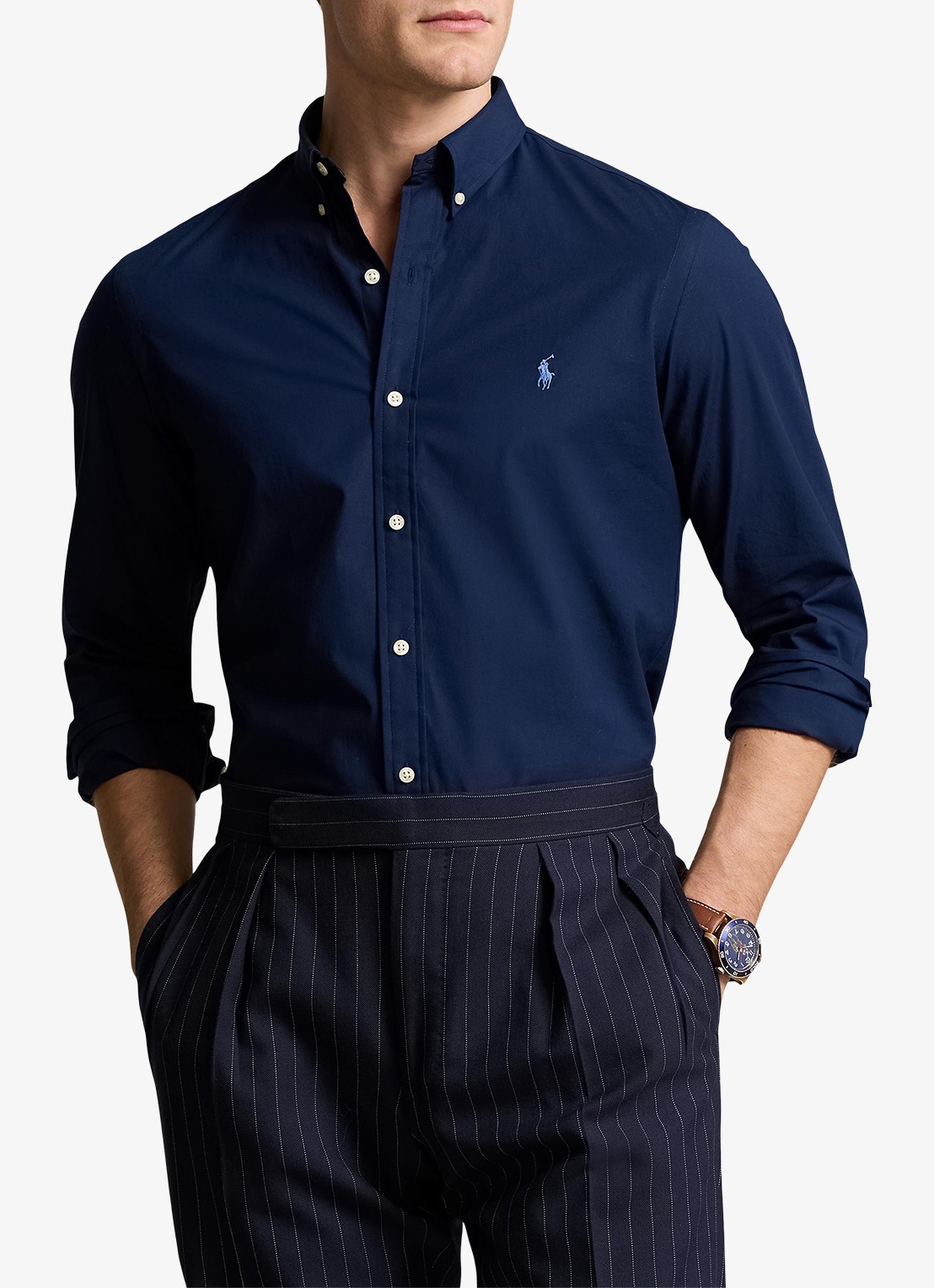 Ralph Lauren Slim fit overhemd met logoborduring - detail newport navy / donkerblauw