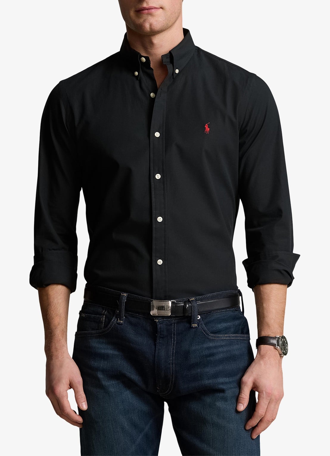 Ralph Lauren Slim fit overhemd met logoborduring - detail polo black / zwart