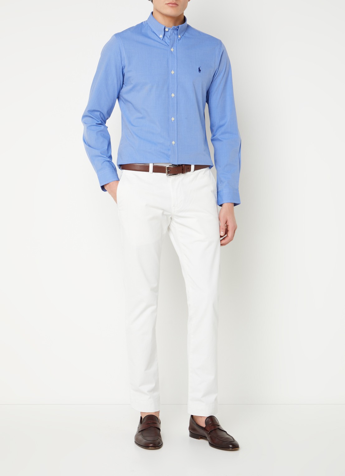 Ralph Lauren Slim fit overhemd met logoborduring - voorkant 5 blue end on end / blauw