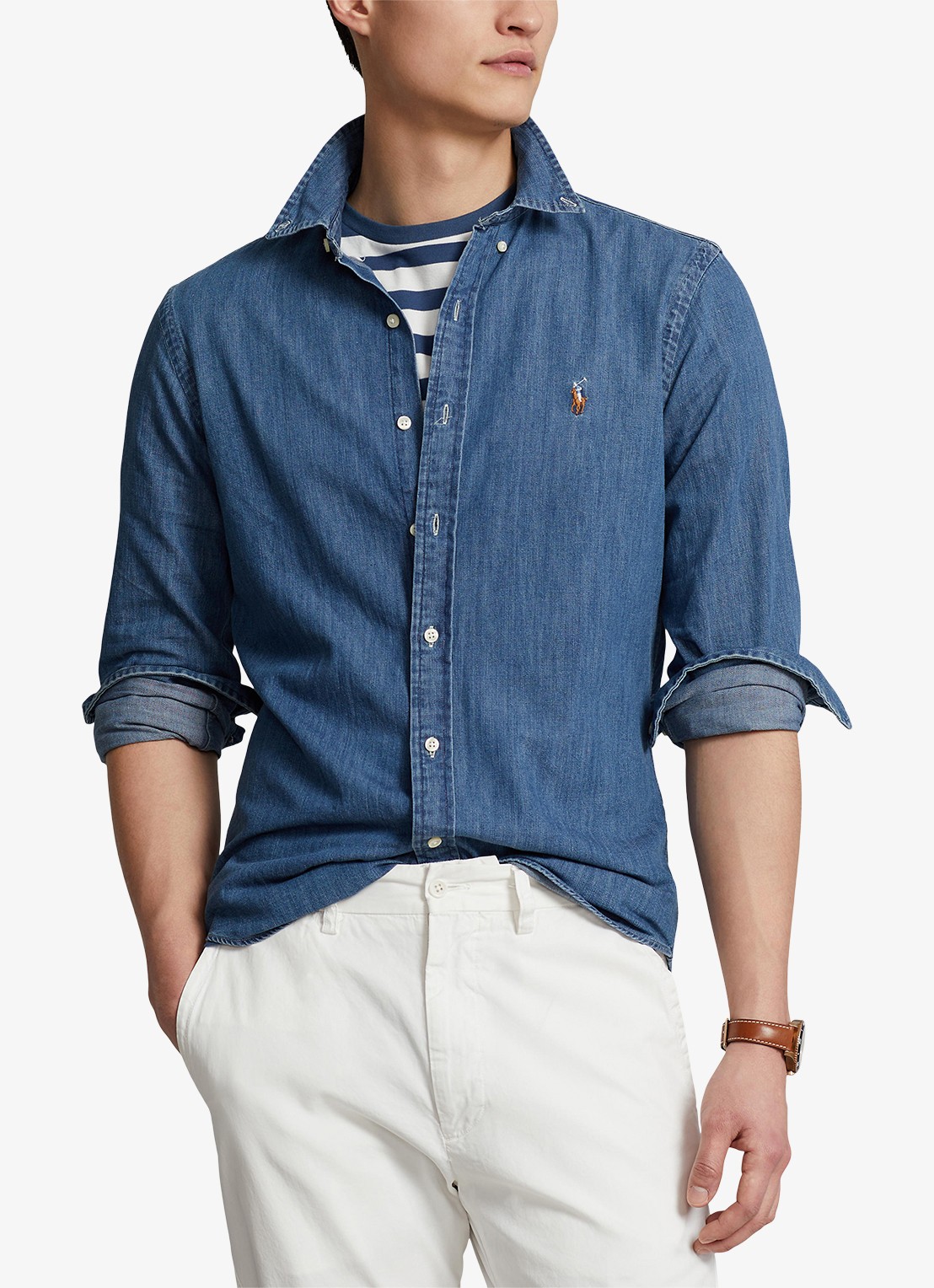 Ralph Lauren Slim fit overhemd van chambray met logoborduring - detail 6 indigo