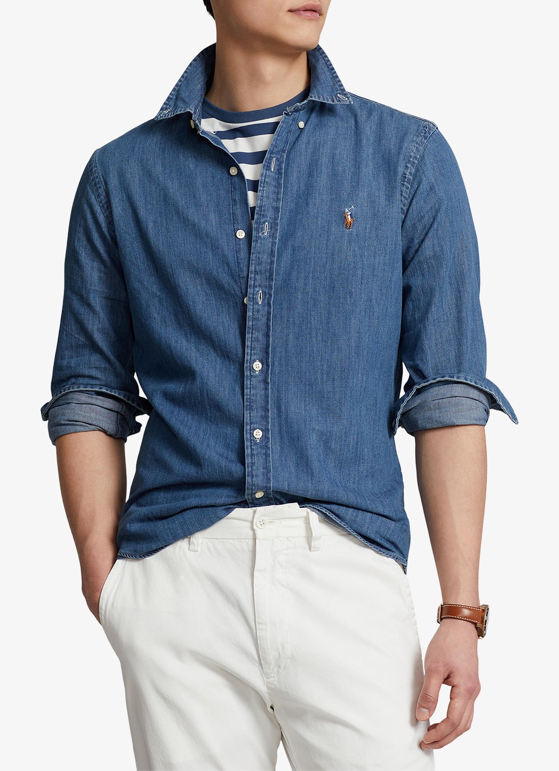 Ralph Lauren Slim fit overhemd van chambray met logoborduring - detail 7 indigo