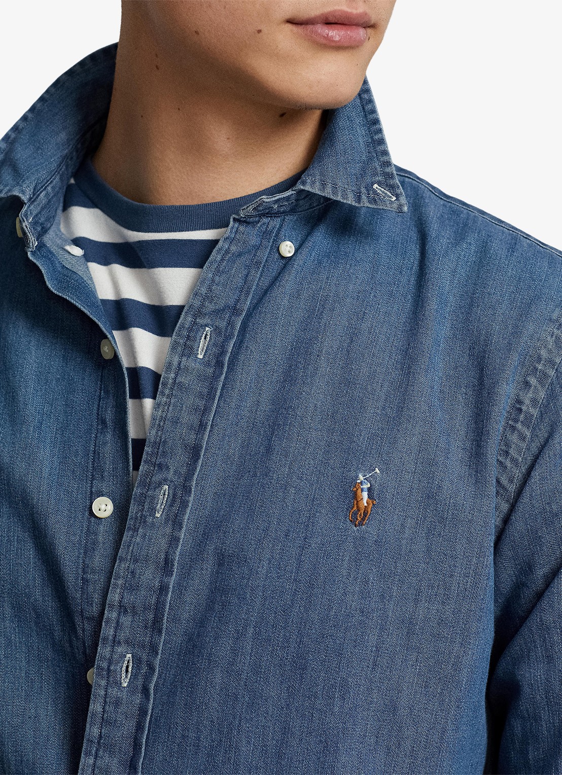 Ralph Lauren Slim fit overhemd van chambray met logoborduring - detail 8 indigo