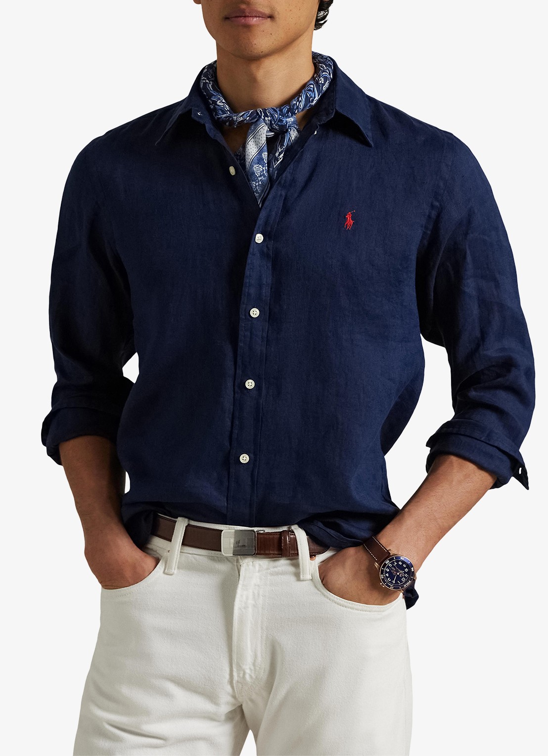 Ralph Lauren Slim fit overhemd van linnen met logoborduring - detail newport navy / donkerblauw