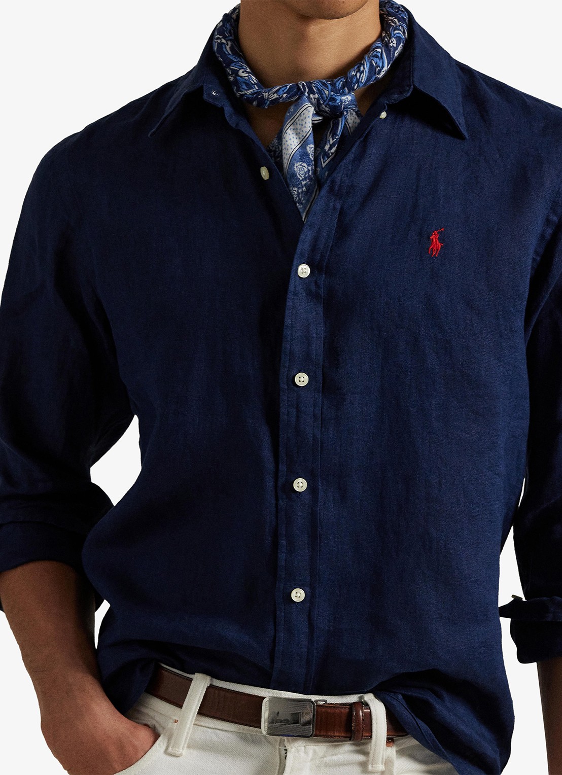 Ralph Lauren Slim fit overhemd van linnen met logoborduring - detail 2 newport navy / donkerblauw