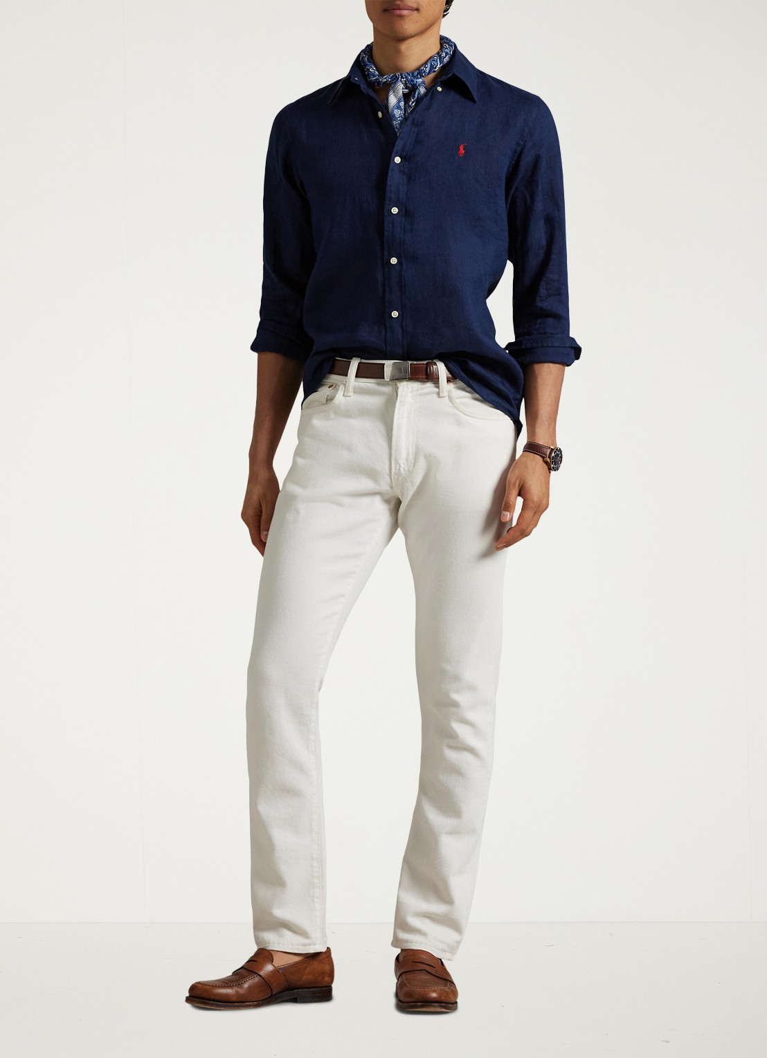 Ralph Lauren Slim fit overhemd van linnen met logoborduring - voorkant 5 newport navy / donkerblauw
