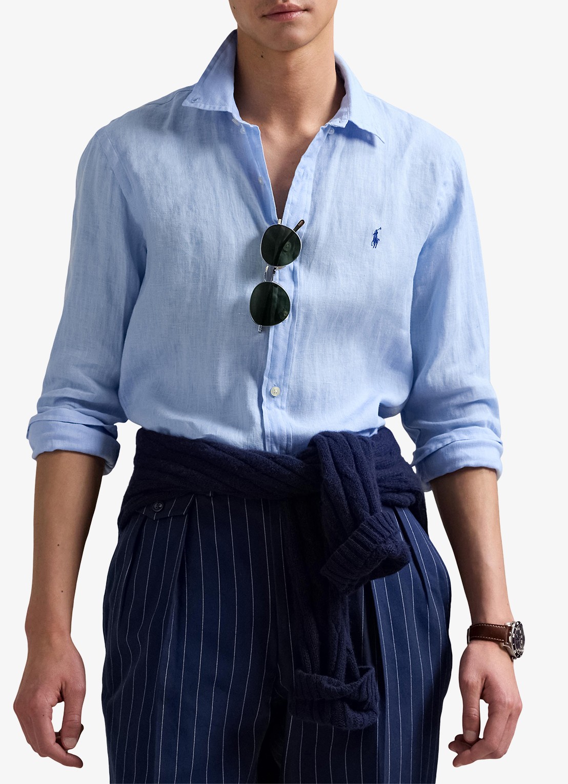 Ralph Lauren Slim fit overhemd van linnen met logoborduring - detail 3 office blue / lichtblauw
