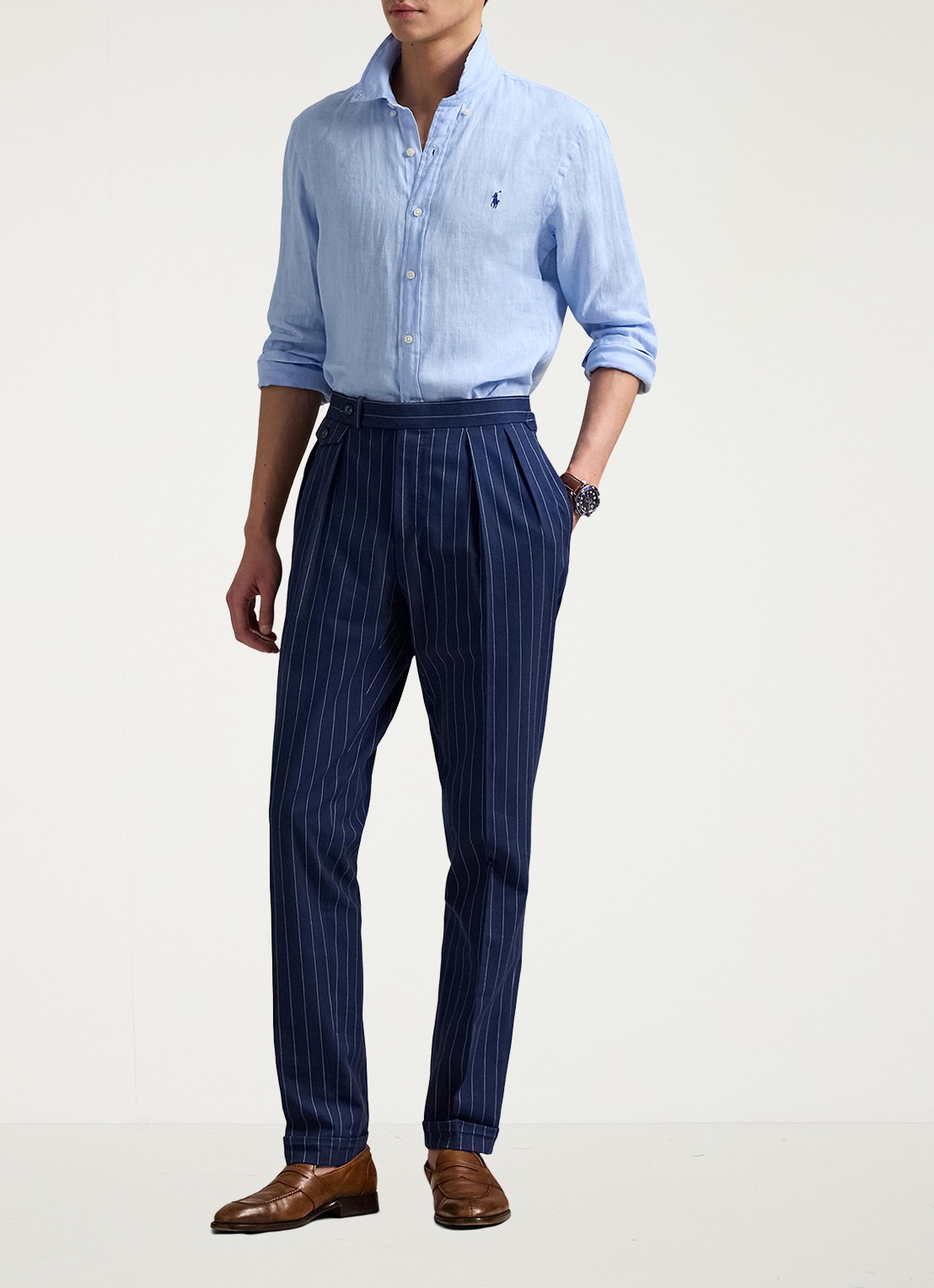 Ralph Lauren Slim fit overhemd van linnen met logoborduring - voorkant 2 office blue / lichtblauw